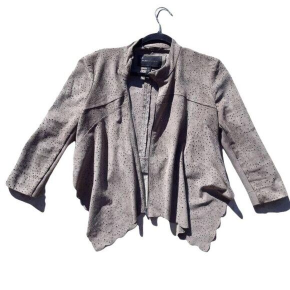 BCBGMaxAzria Faux Suede Perforated Scalloped Hem Asymmetrical Jacket Tan Sz XS - Picture 13 of 13